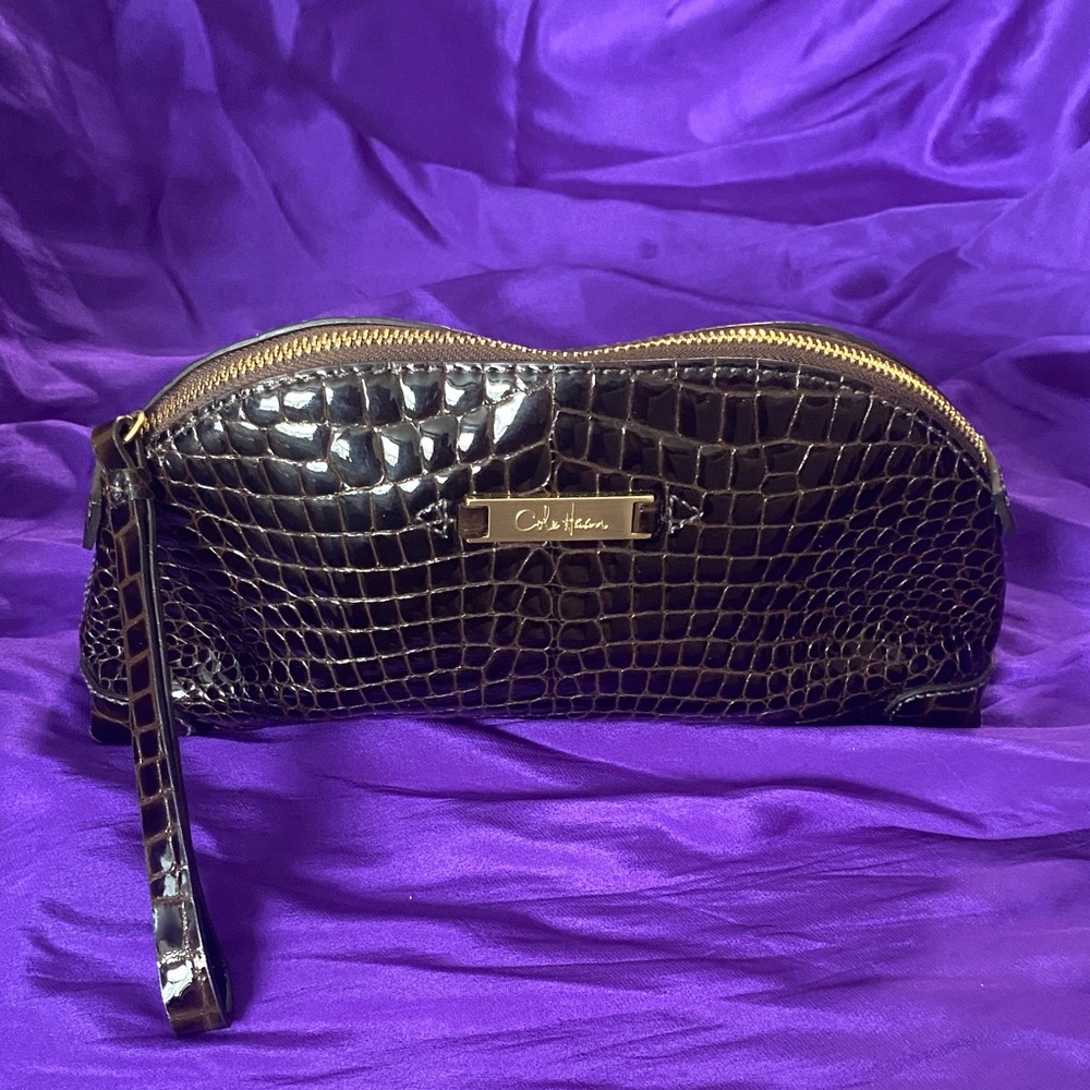 Cole Haan Black Croc-Embossed Bag with Gold Detail